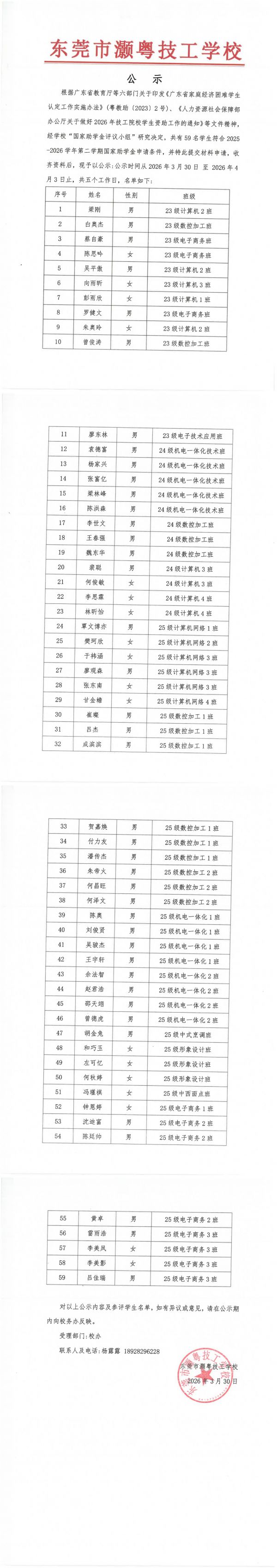 东莞市灏粤技工学校2025-2026学年第二学期助学金学生名单公示表